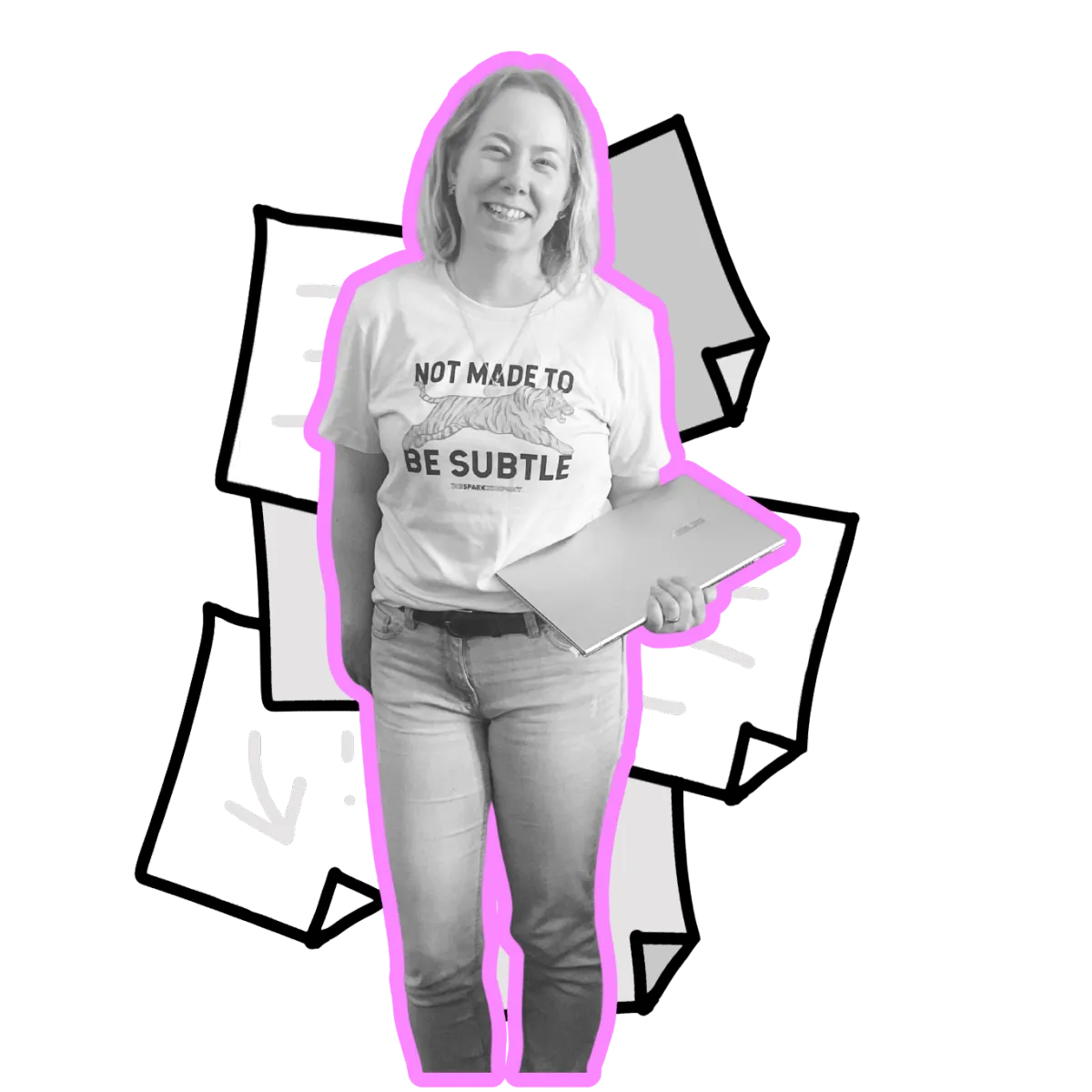 Black and white photo of Christina Poulton wearing a floral bomber jacket and smiling, outlined in bright blue