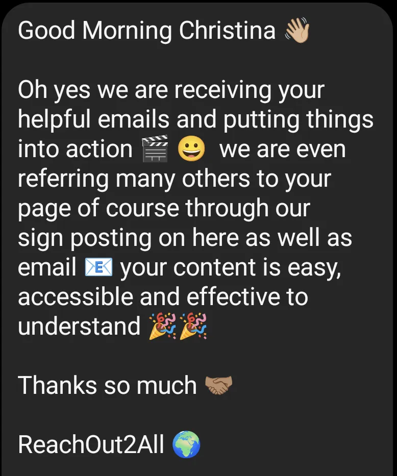 Screenshot of DM which says: we are receiving your helpful emails and putting things into action. Your content is easy, accessible and effective to understand, thanks so much 