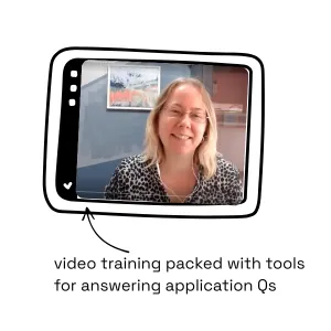 Drawing of a tablet with a screenshot of a person delivering video training. Text reads video training packed with tools for answering application Q