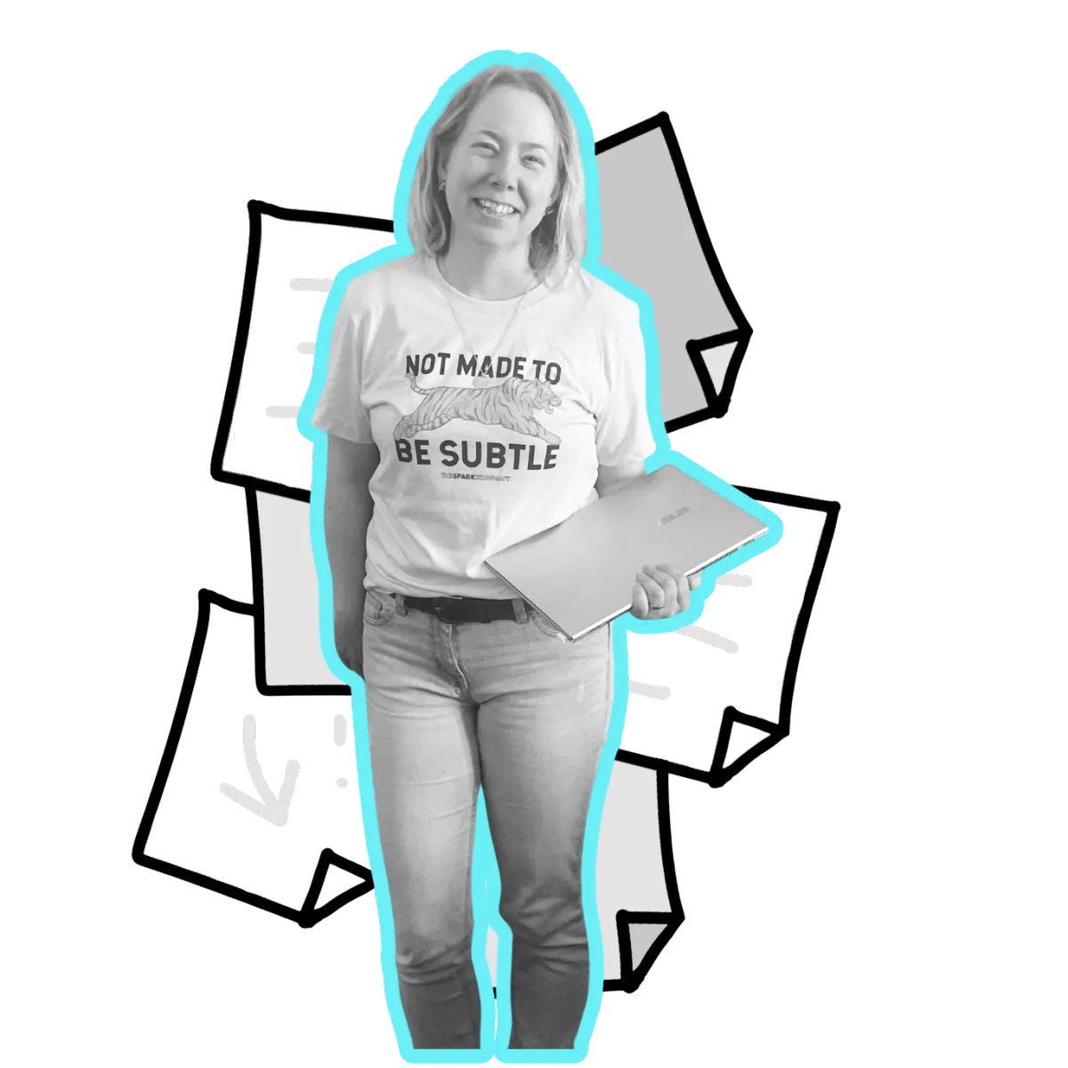 Black and white photo of Christina Poulton wearing a T shirt, jeans and shell suit jacket and smiling, outlined in bright blue