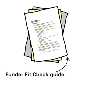 Funder Fit Check Guide- a hand drawn illustration of a pile of papers with checkboxes on the top page