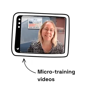 Micro-training videos: illustration of a tablet with a screenshot of Christina wearing a shirt and smiling