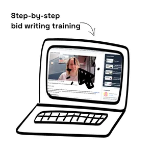 Drawing of a laptop with a screenshot of video training. Text reads step by step bid writing training