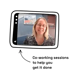 Drawing of a tablet with a screenshot of video training. Text reads co working sessions to help you get it done