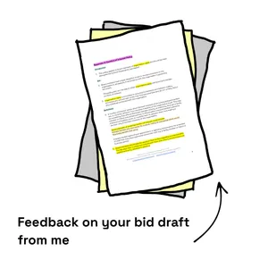 Drawing of a pile of papers. Text reads feedback on your bid draft from me