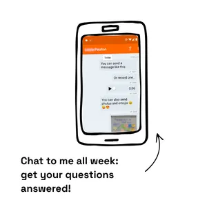 Drawing of a smart phone with a screenshot of a chat forum. Text reads chat to me all week: get your questions answered