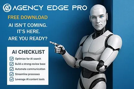 Humanoid AI Robot pointing to free AI small business checklist download.
