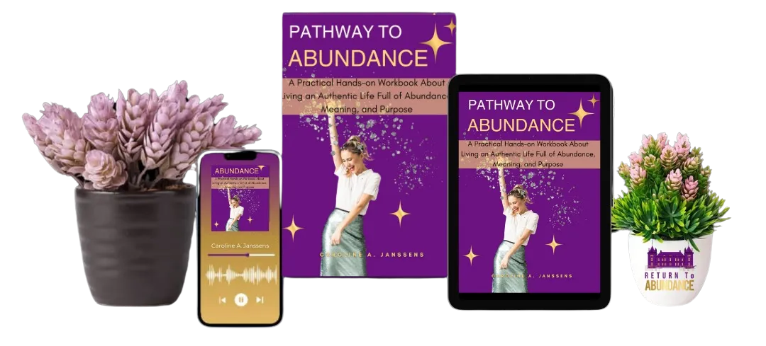 Pathway to Abundance" audiobook by Caroline A. Janssens displayed on a smartphone, supporting abundance mindset coaching, self-improvement, and personal growth through audio learning.