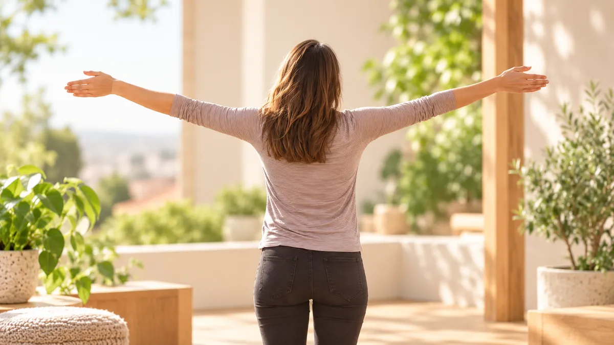 a woman standing in a gym holding a bar