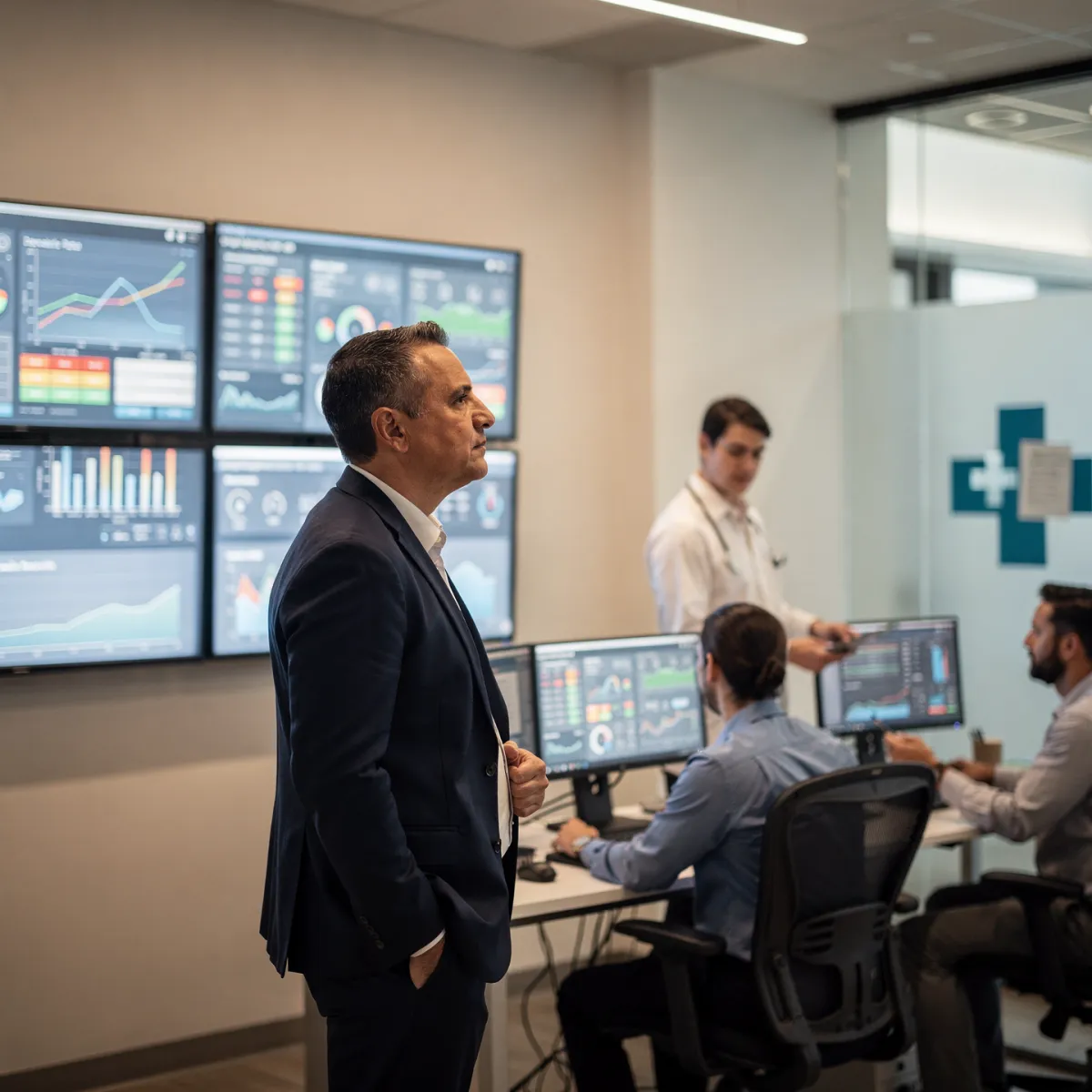 Healthcare finance executive reviewing revenue cycle performance dashboards in a modern hospital operations center, illustrating how AI-driven Revenue Cycle Management supports data-driven financial decisions and operational efficiency.