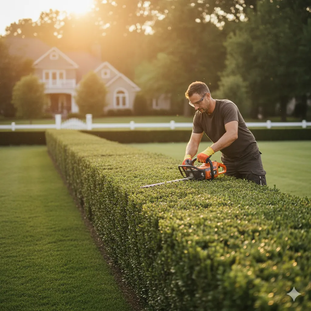 Professioneller Hausmeister bei der Instandhaltung eines Wohnhauses. Er führt eine Reparatur an der Fassade durch und symbolisiert zuverlässige Grundstückspflege.