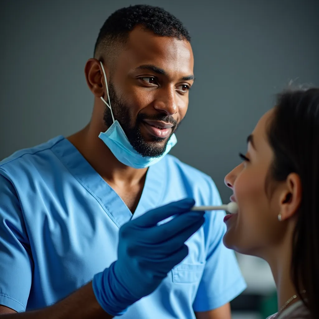 Professional male DNA collector in uniform holding a swab and sample kit, friendly and authentic hero-style portrait