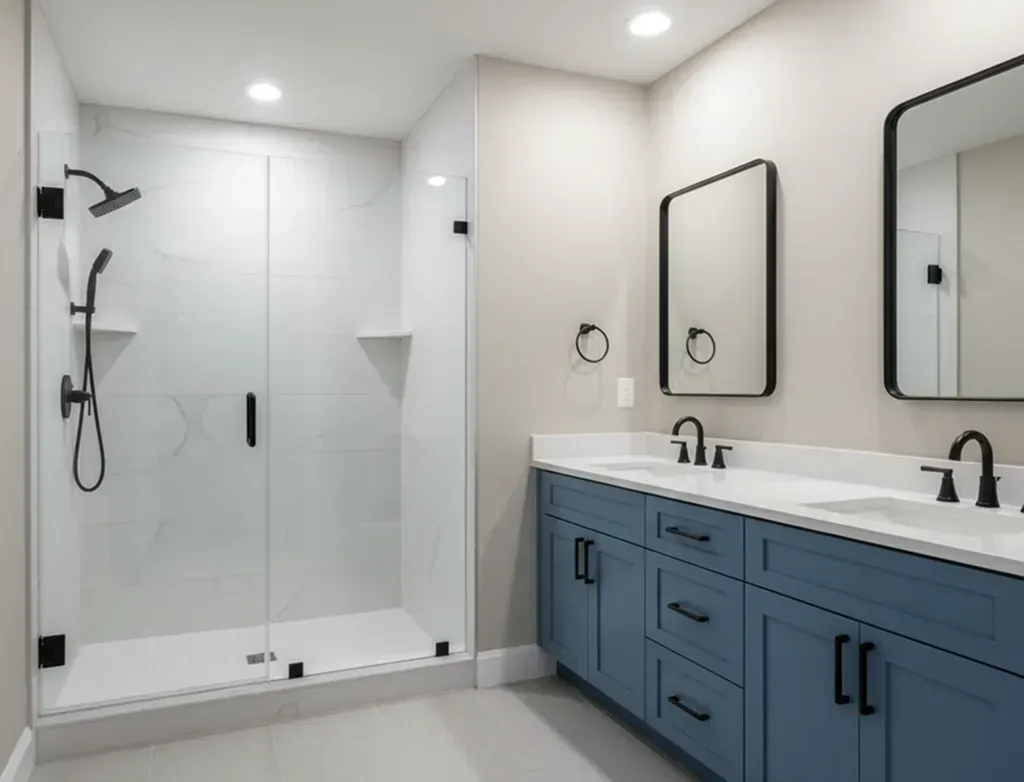 Bright, photorealistic interior of a recently remodeled barrier-free bathroom: soft matte tile, walk-in shower with glass curb-less entry, warm natural light from a frosted window, neutral palette and easy-clean fixtures highlighting accessibility-focused design for aging-in-place clients.