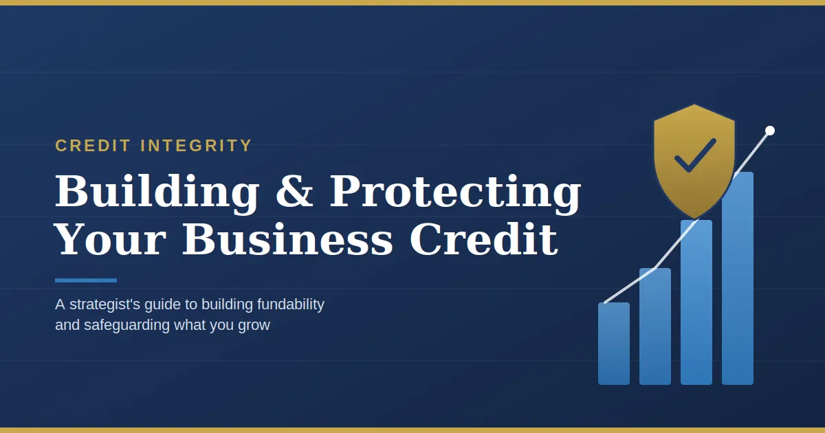 Cover image for "Building & Protecting Your Business Credit" featuring a shield and rising growth chart in navy, gold, and blue.