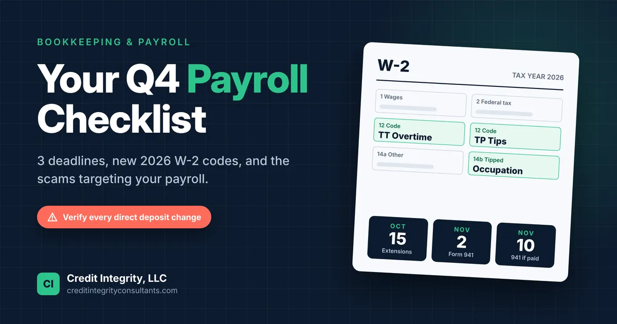 Small business Q4 payroll checklist showing new 2026 W-2 codes and payroll deadlines Oct 15, Nov 2, Nov 10