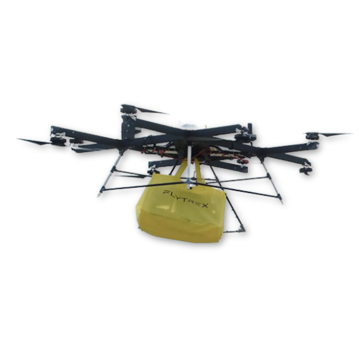 Flytrex delivery drone carrying a yellow cargo package, shown in flight against a contrasting black and white background.