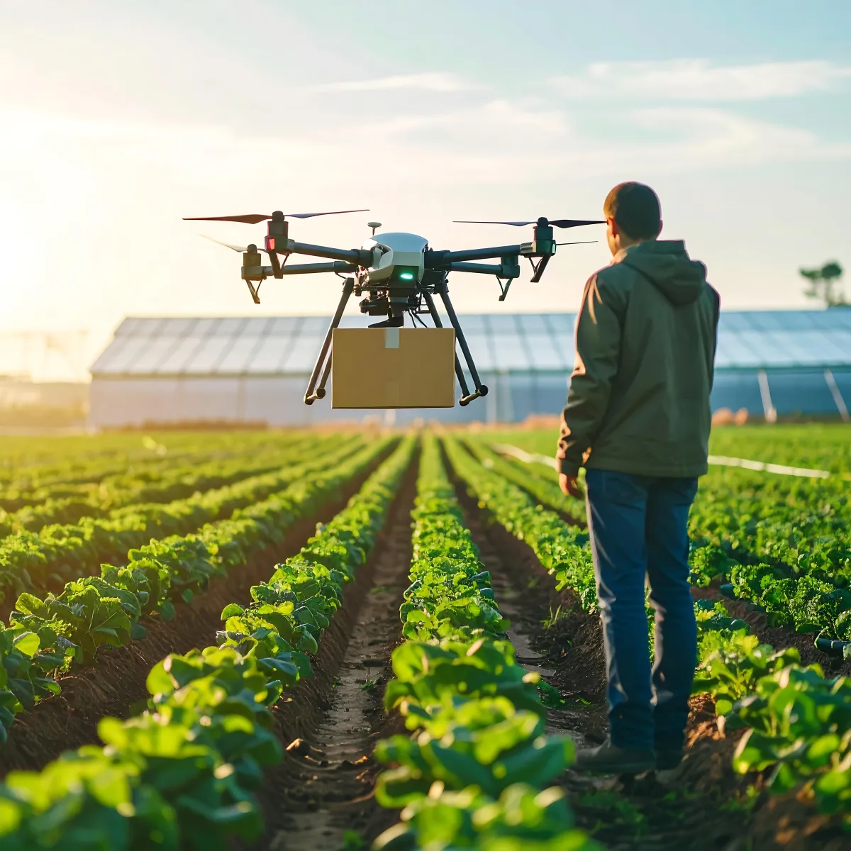 Drone delivering a package over crop rows in a farm field while a farmer observes, illustrating agricultural drone delivery and precision farming technology.
