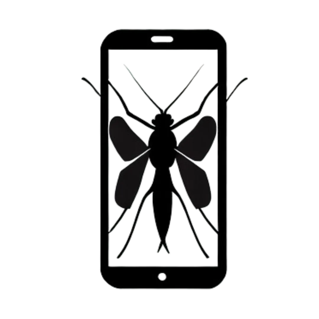 a black logo of a mosquito crawling on a mobile phone