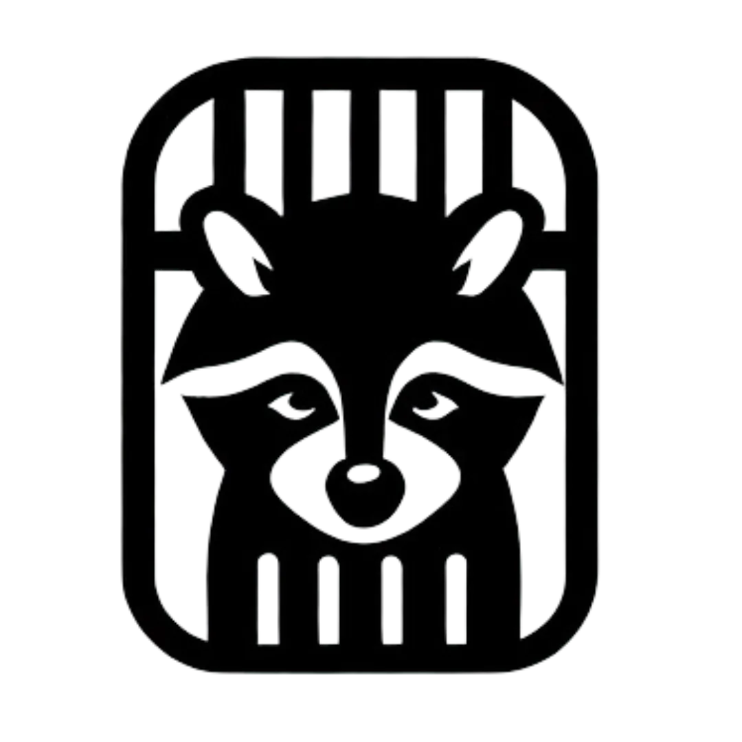 a black logo of a racoon in a cage