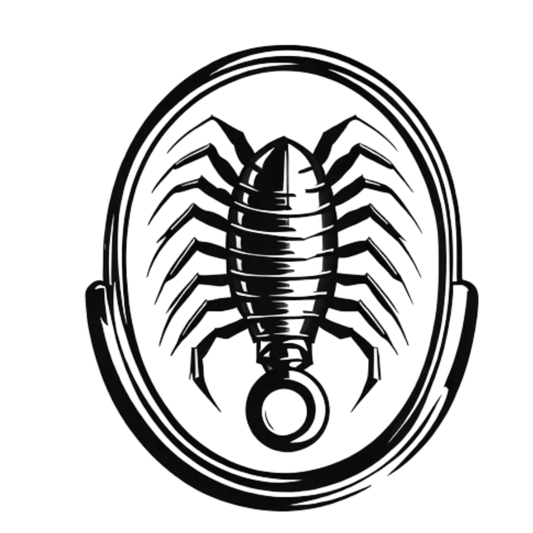 a black logo of a silverfish an underneath a magnifying glass