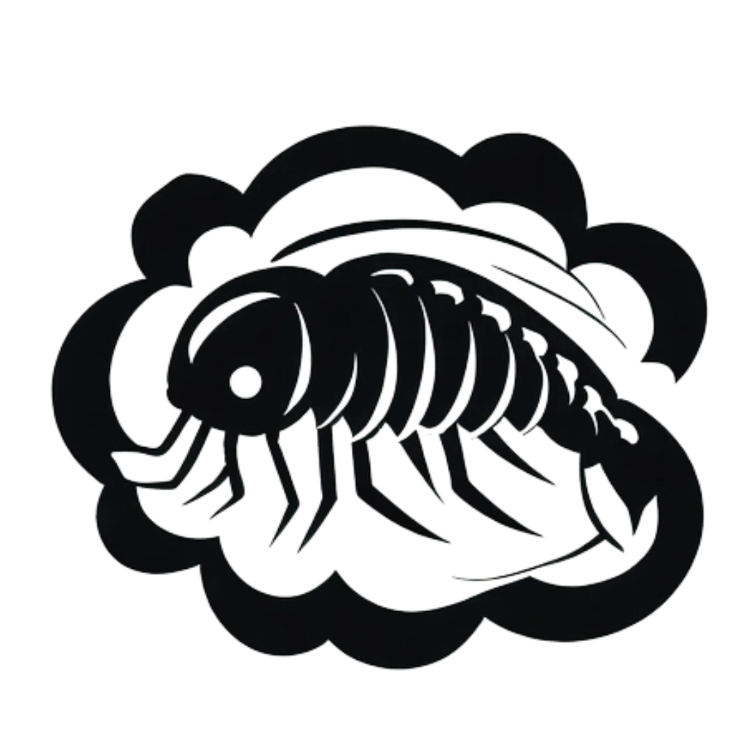a black logo of a silverfish inside a thought bubble