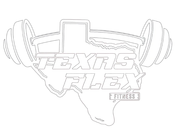 Texas Flex logo featuring the outline of the state of Texas, a barbell, and bold typography