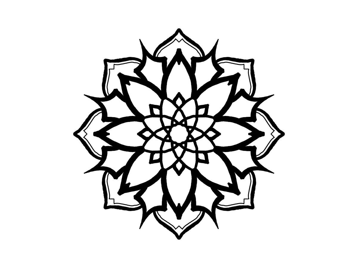 Ornamental chrysanthemum tattoo design with geometric petals and symmetrical floral linework in black ink.