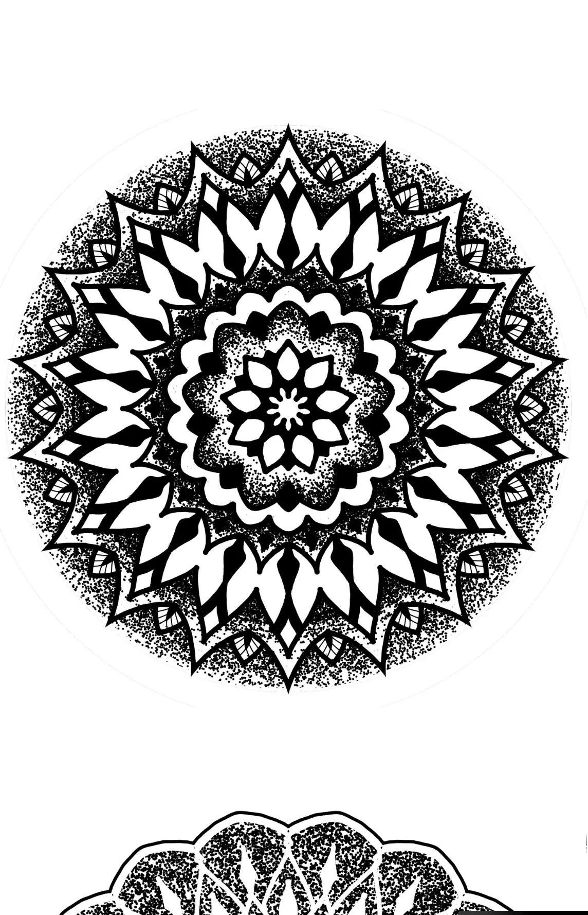 Intricate blackwork mandala tattoo design with layered lotus petals, dotwork shading, and radial geometric symmetry.