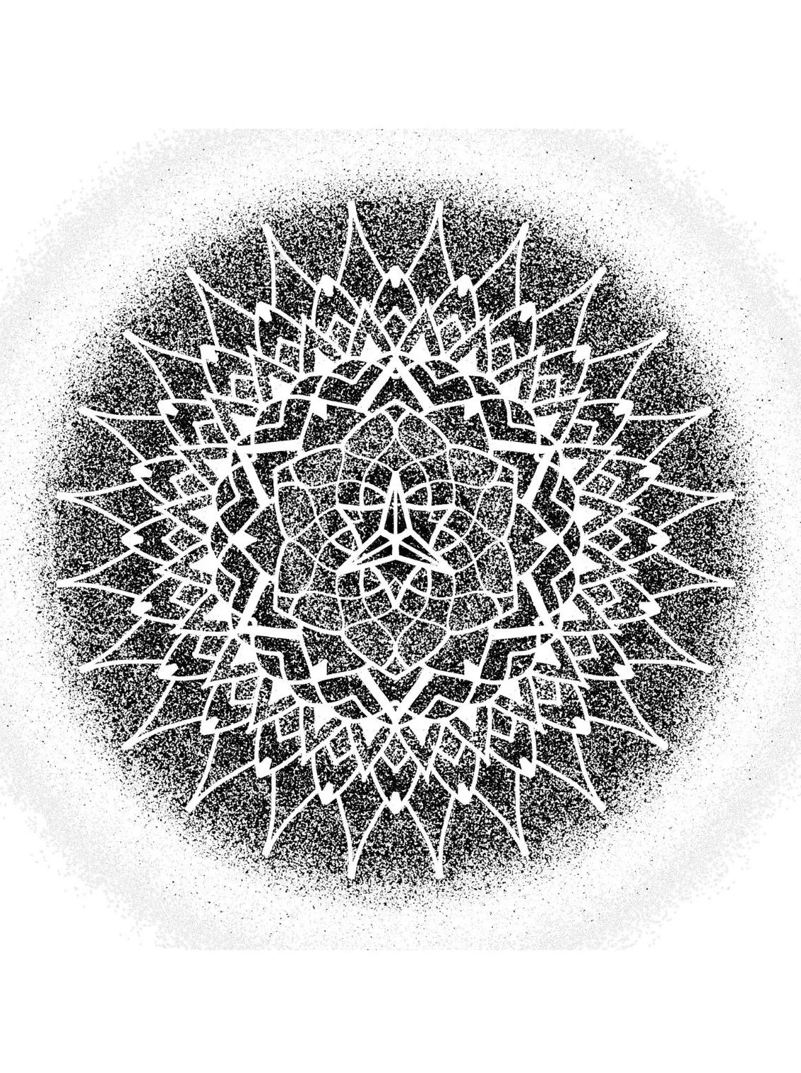 Dense sacred geometry mandala tattoo with radiating triangular layers, fine dotwork texture, and hypnotic radial symmetry.