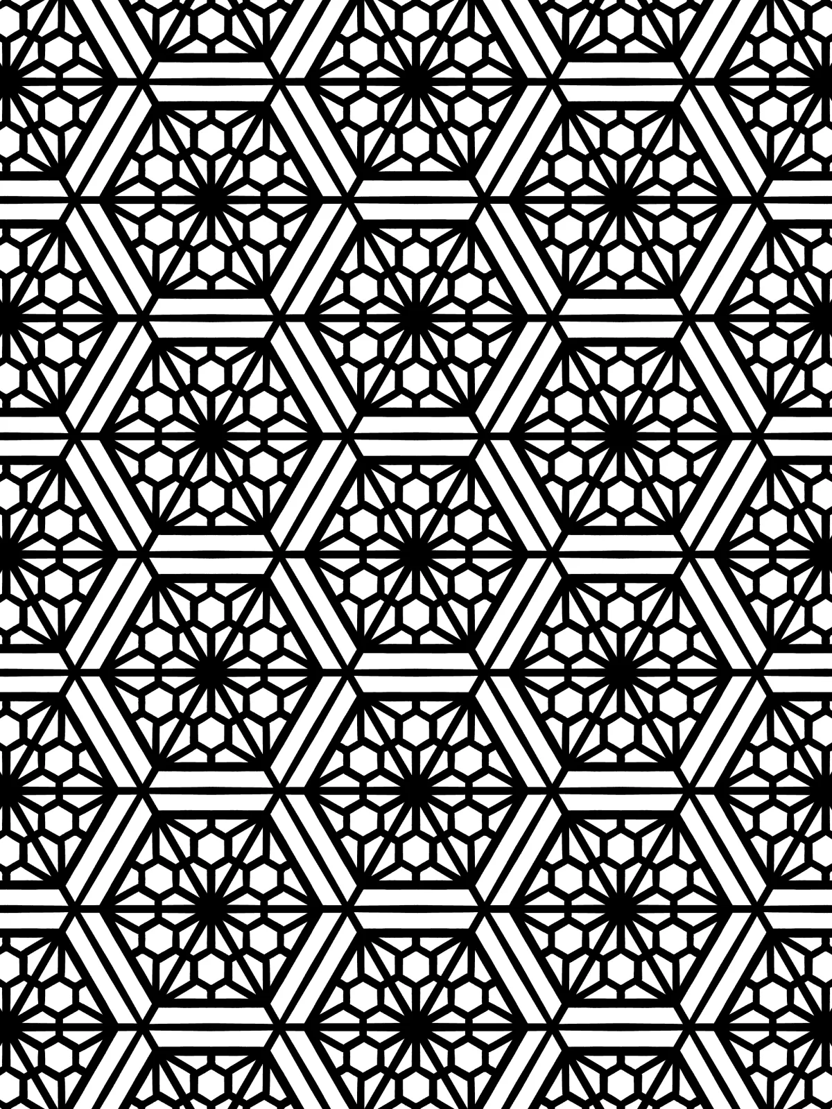 Geometric tattoo pattern combining repeating hexagons with floral lattice details in bold black linework.