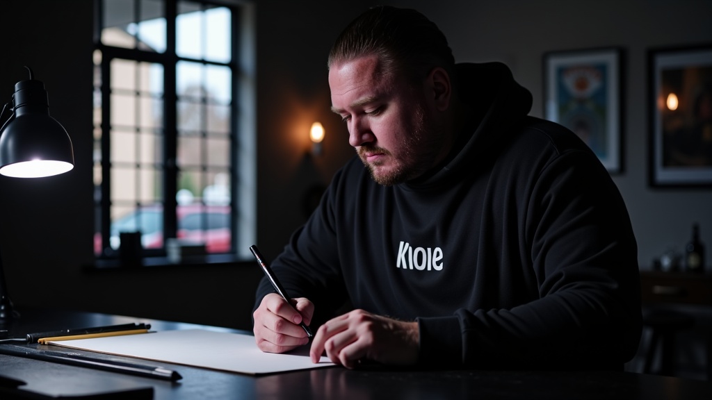 Three-quarter studio portrait of Mickey Schlick at his Missoula workstation, candid moment sketching a stencil.