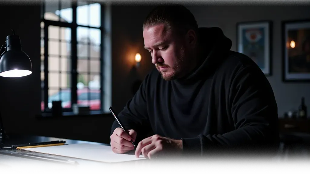 Three-quarter studio portrait of Mickey Schlick at his Missoula workstation, candid moment sketching a stencil.