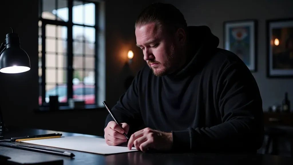 Three-quarter studio portrait of Mickey Schlick at his Missoula workstation, candid moment sketching a stencil.