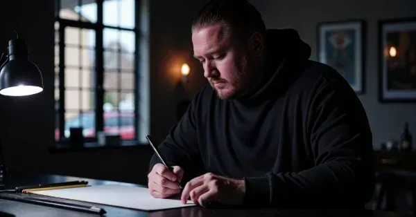 Three-quarter studio portrait of Mickey Schlick at his Missoula workstation, candid moment sketching a stencil.
