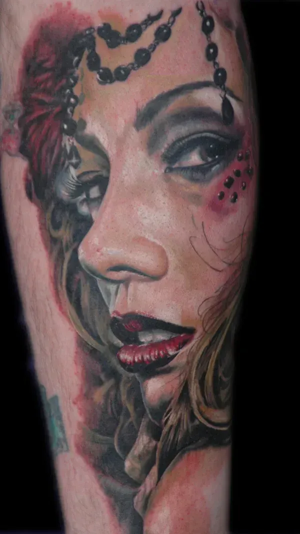 Ornamental mandala on upper back, top-down photographic composition showing symmetry and negative space, warm studio lighting, intricate dotwork and geometric repetition in high-resolution detail.