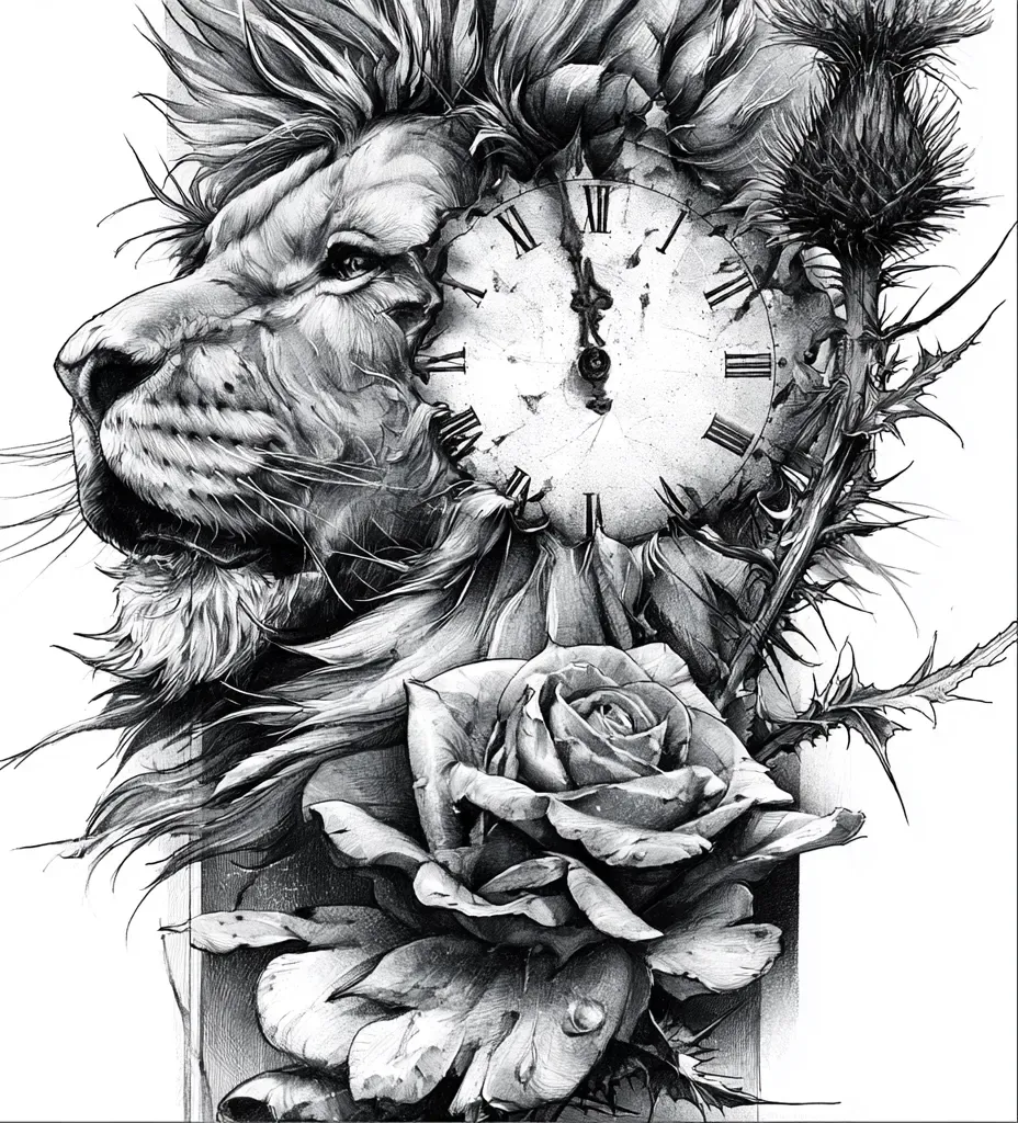 Detailed lion tattoo design featuring a weathered clock face, rose, and thistle in expressive black and grey realism.