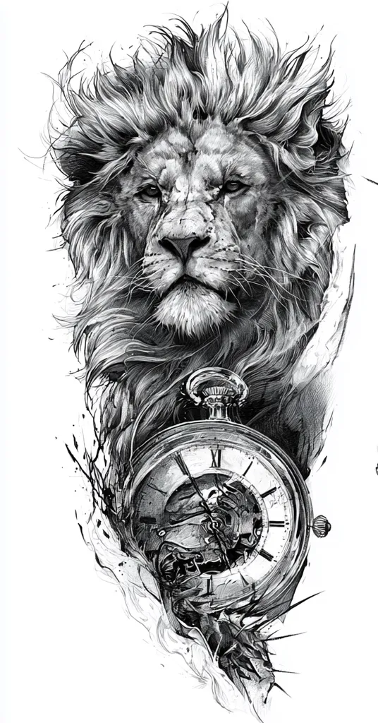 Realistic lion portrait above a vintage pocket watch in a flowing black and grey tattoo composition symbolizing wisdom, time, and endurance.