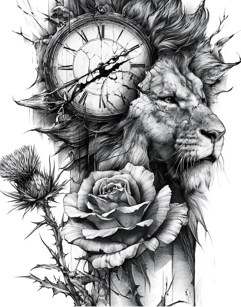 Blackwork lion composition featuring a cracked vintage clock, blooming rose, and botanical elements in an elegant tattoo design.