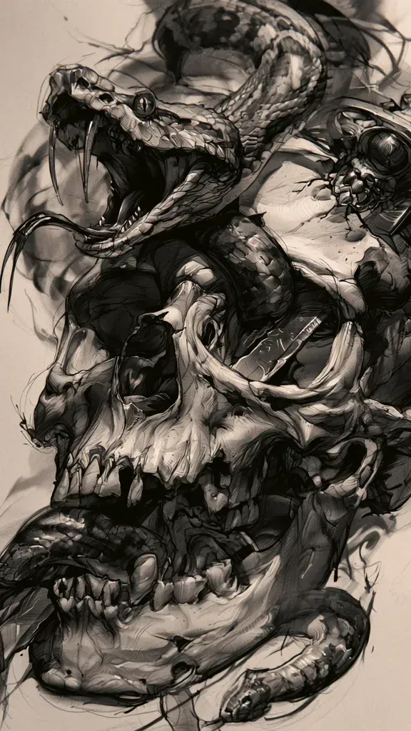 Aggressive black and grey composition of an open-mouthed serpent entwined with a fractured skull and sword, rendered in high-detail tattoo realism.