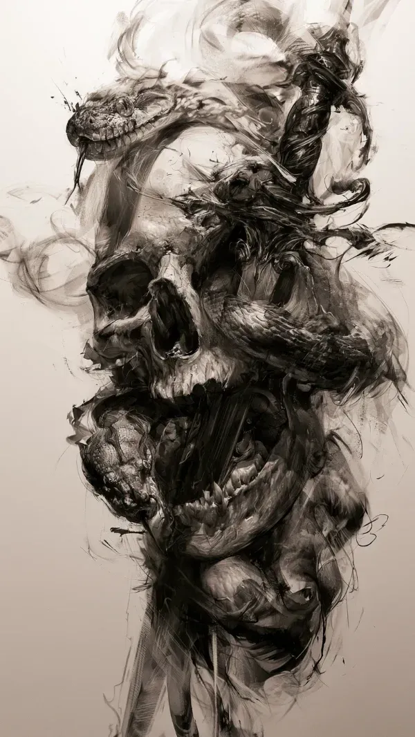 Fine art tattoo concept featuring a skull impaled by a sword while a snake coils around the blade and skull in expressive black ink.