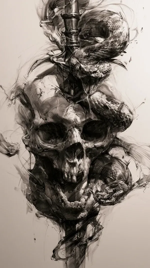 Realistic skull and serpent wrapped around a vertically driven sword with smoky atmospheric brushwork in black and grey tattoo style.