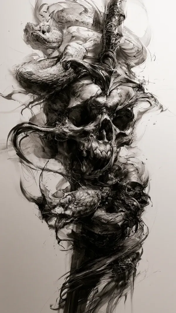 Vertical black and grey skull, sword, and serpent tattoo design with dramatic smoke, organic movement, and painterly realism.