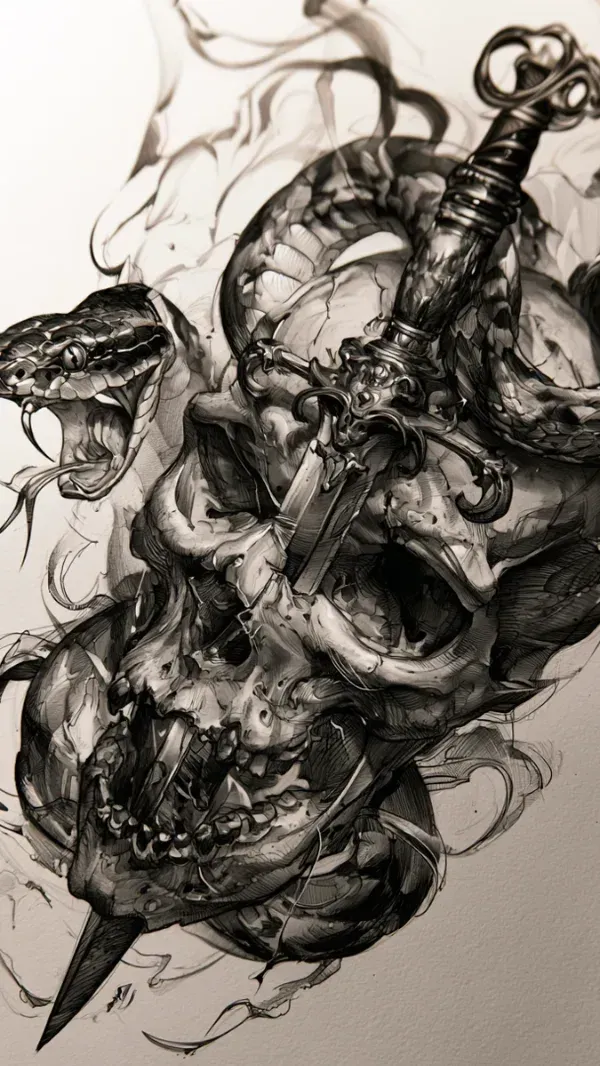 Dynamic blackwork illustration of a venomous snake striking from a skull pierced by an ornate sword, with swirling smoke and high-contrast realism.