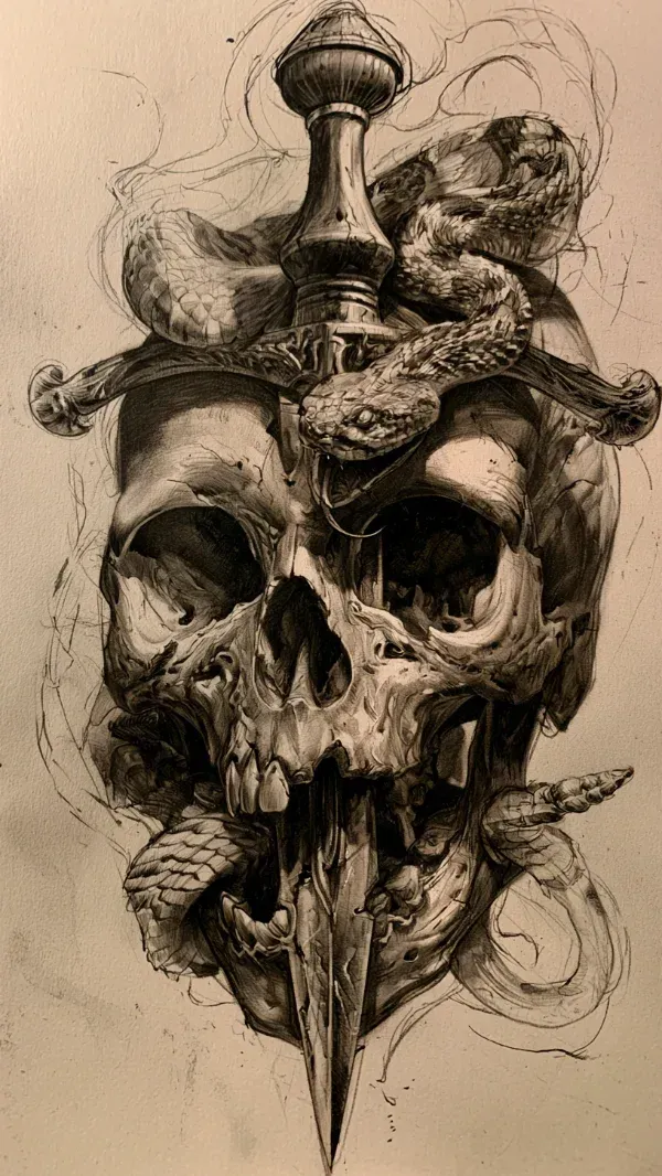 Black and grey tattoo concept of a weathered human skull pierced by a medieval sword with a coiled snake wrapped around the hilt and skull.