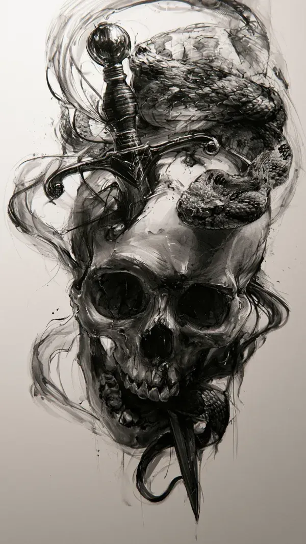 Realistic black and grey skull with a sword driven through the head while a thick serpent coils around the blade, surrounded by flowing smoke.