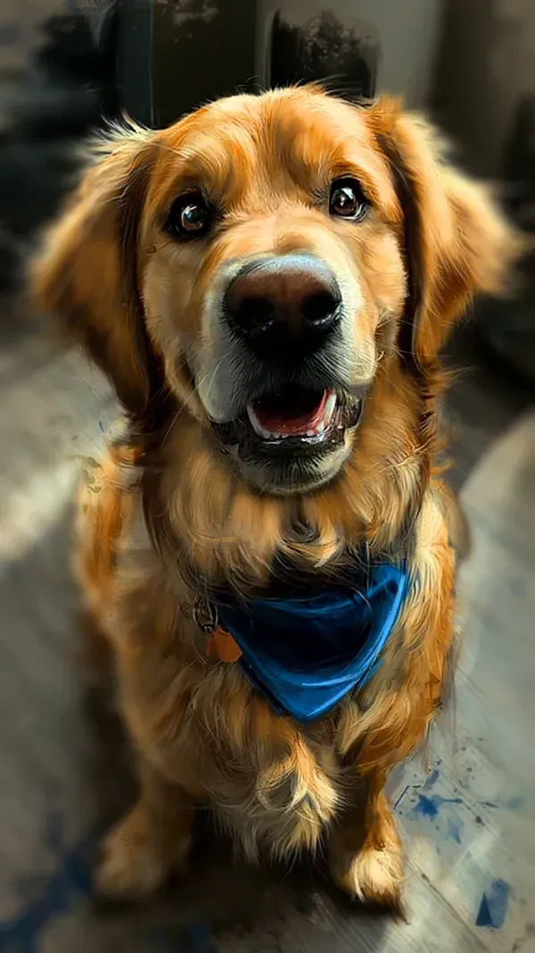 Warm, realistic portrait of a happy Golden Retriever wearing a blue bandana, painted in a soft contemporary style.