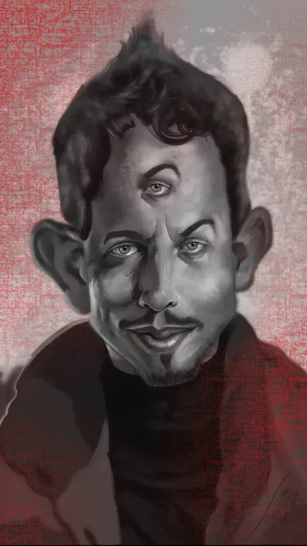 Surreal caricature portrait of a man with three eyes, exaggerated facial proportions, and expressive painterly brushwork.
