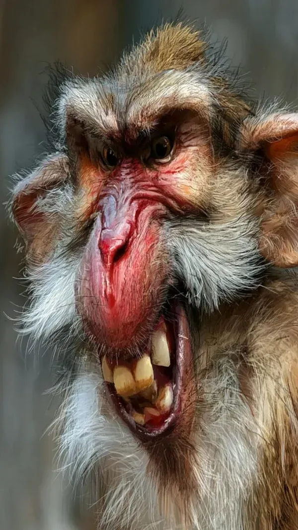 Exaggerated portrait of a macaque with comically oversized facial features, expressive eyes, and painterly realism.