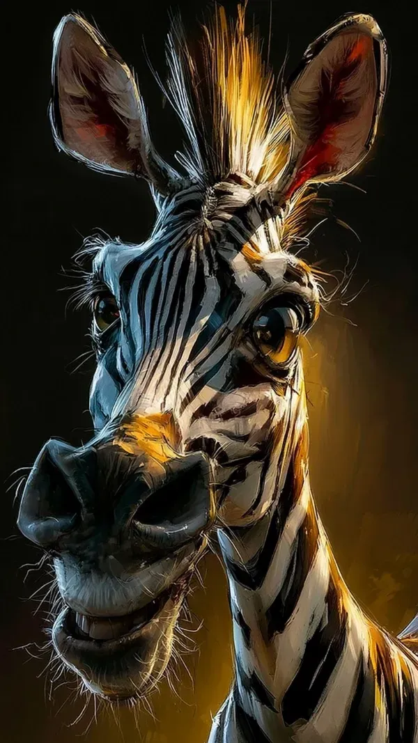 Stylized portrait of a zebra with exaggerated facial proportions, vivid lighting, and playful digital painting techniques.