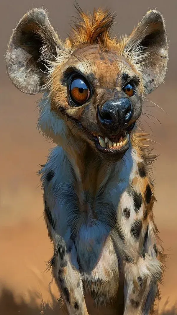 Cartoon-inspired digital painting of a spotted hyena with oversized eyes, exaggerated smile, and expressive wildlife portrait styling.